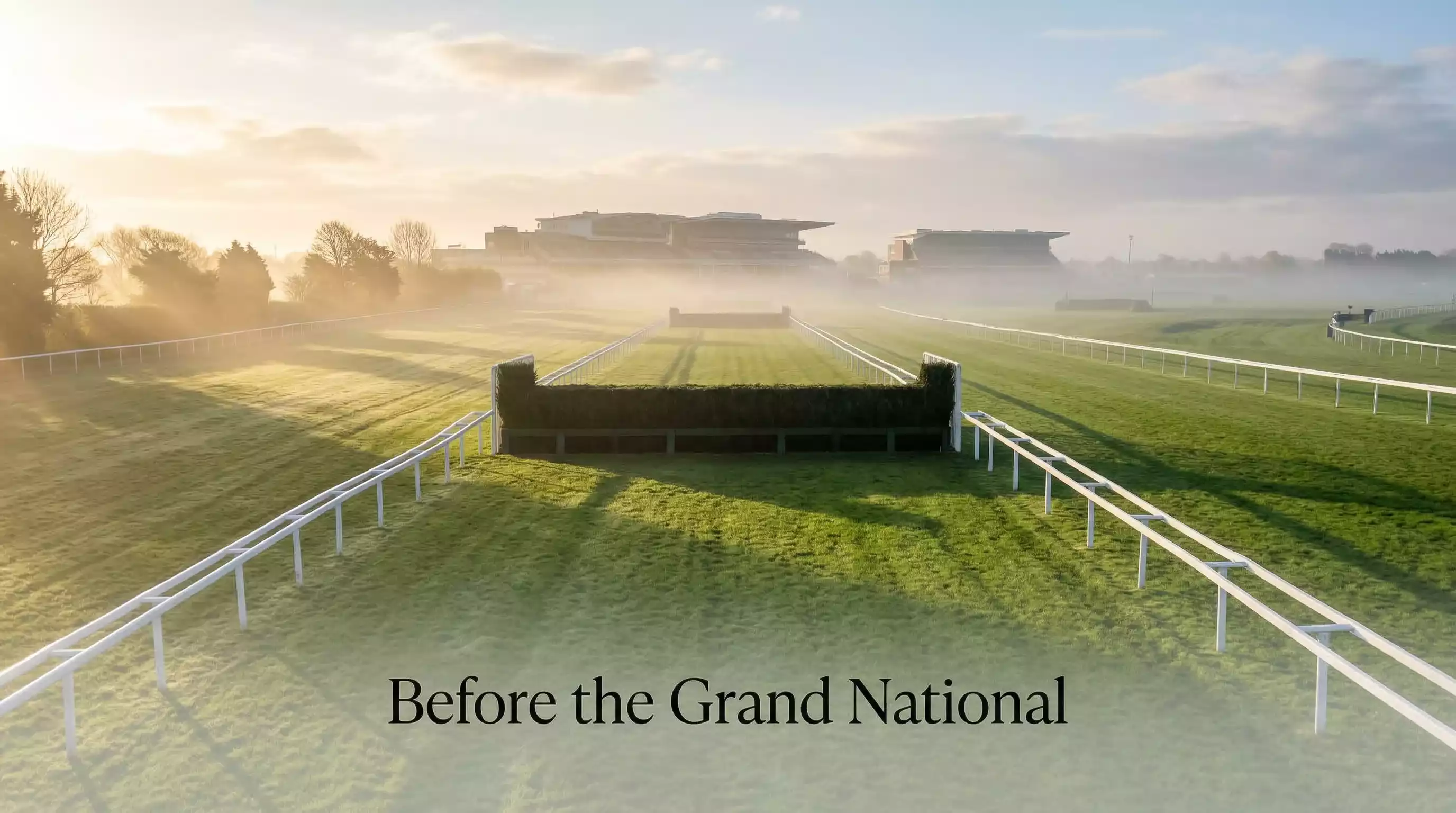 View of the famous Aintree Grand National course with its distinctive green fences and open ditches