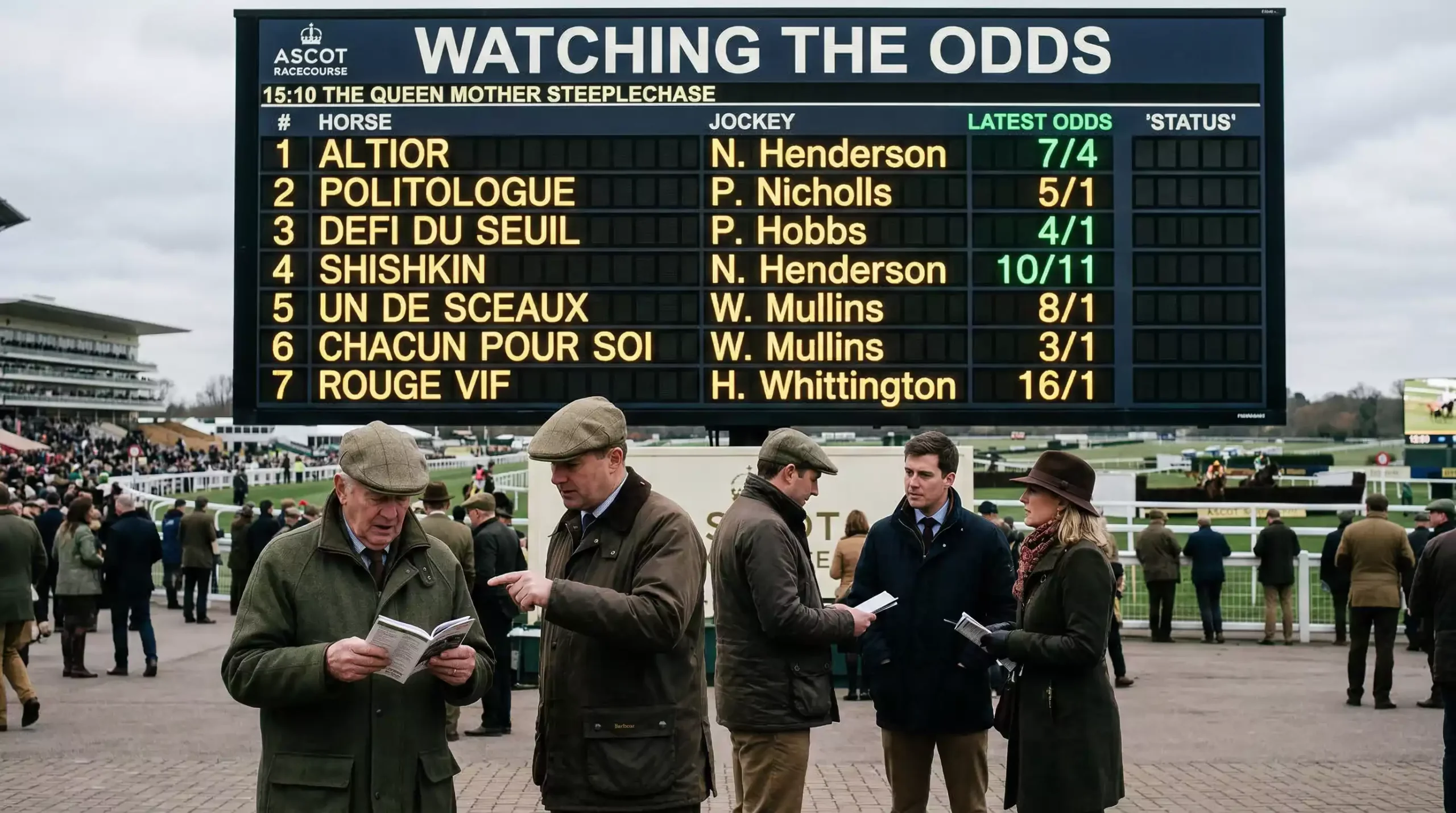A large odds display board at a racecourse showing fluctuating Grand National prices
