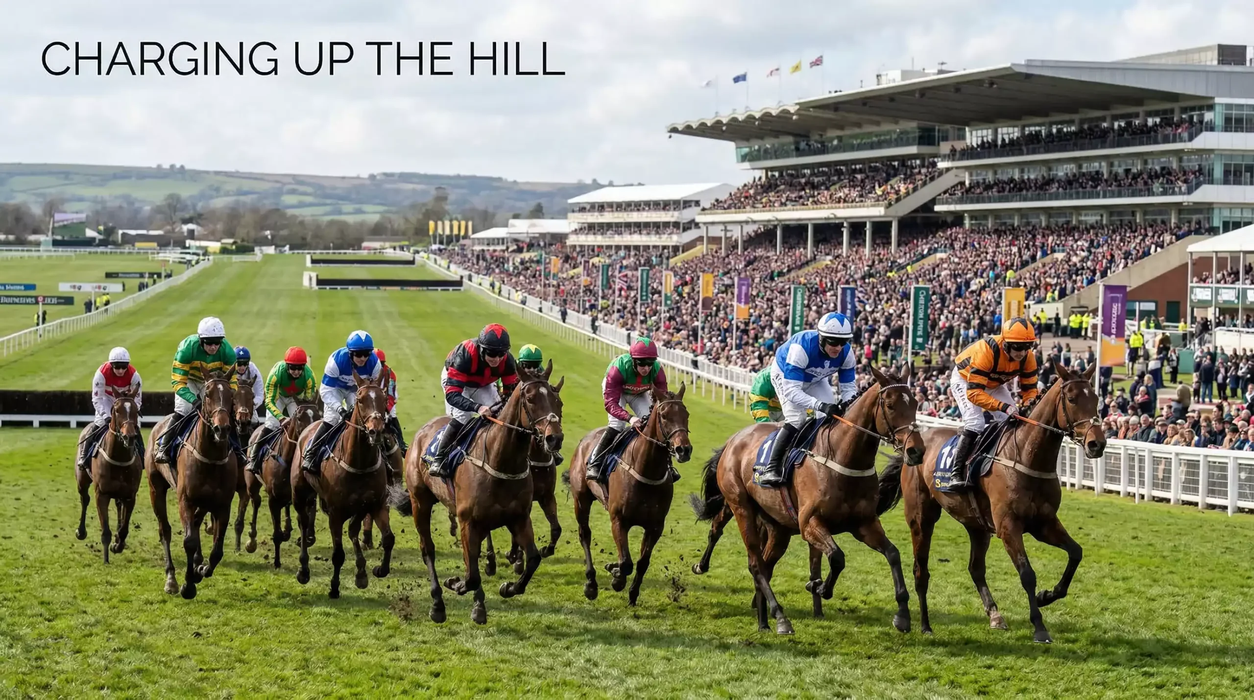 Horses racing uphill at Cheltenham racecourse during the Festival with packed grandstands