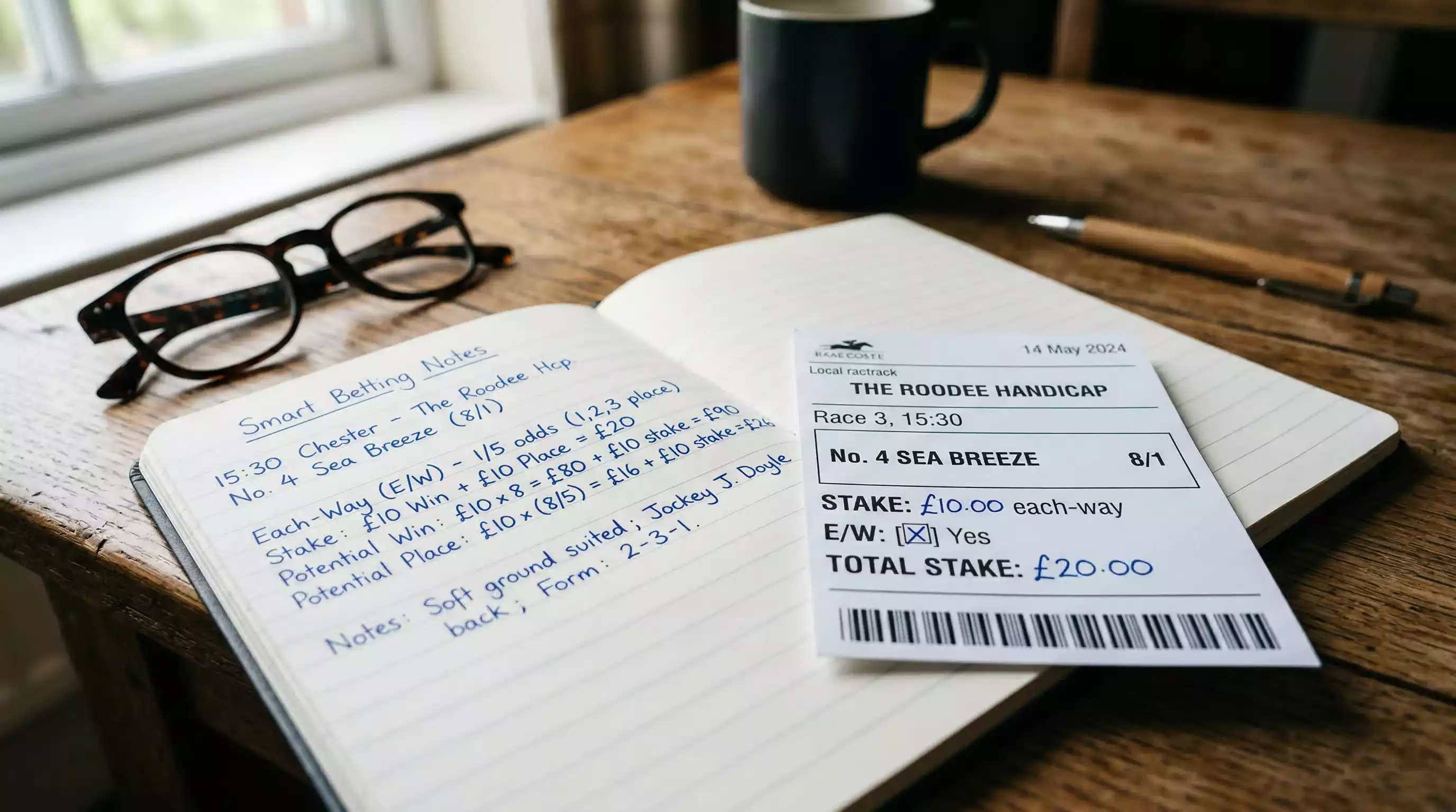 Close-up of a horse racing each-way betting slip with odds written on a notepad