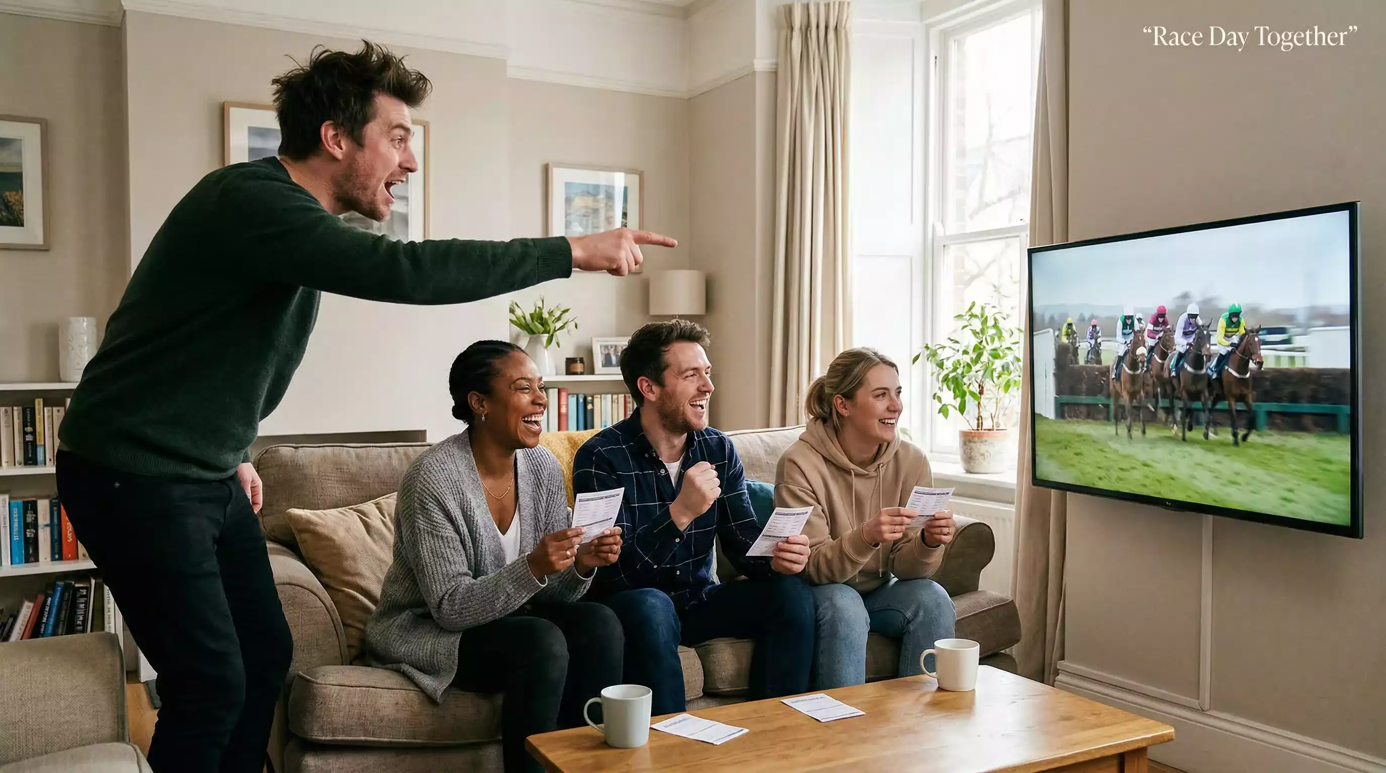 Group of friends gathered around a television watching the Grand National with betting slips in hand
