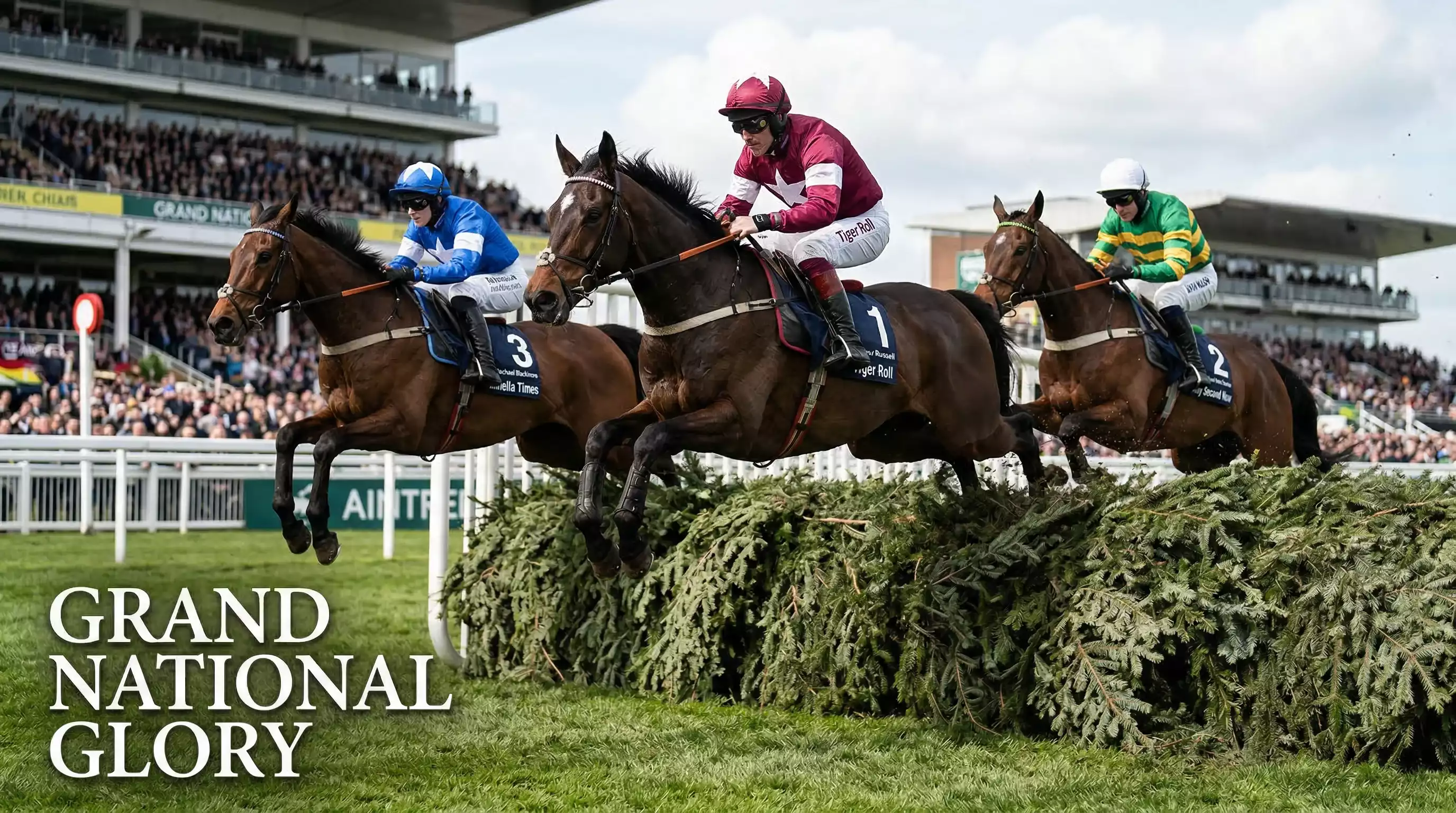 Horses jumping Becher's Brook fence at Aintree during the Grand National steeplechase