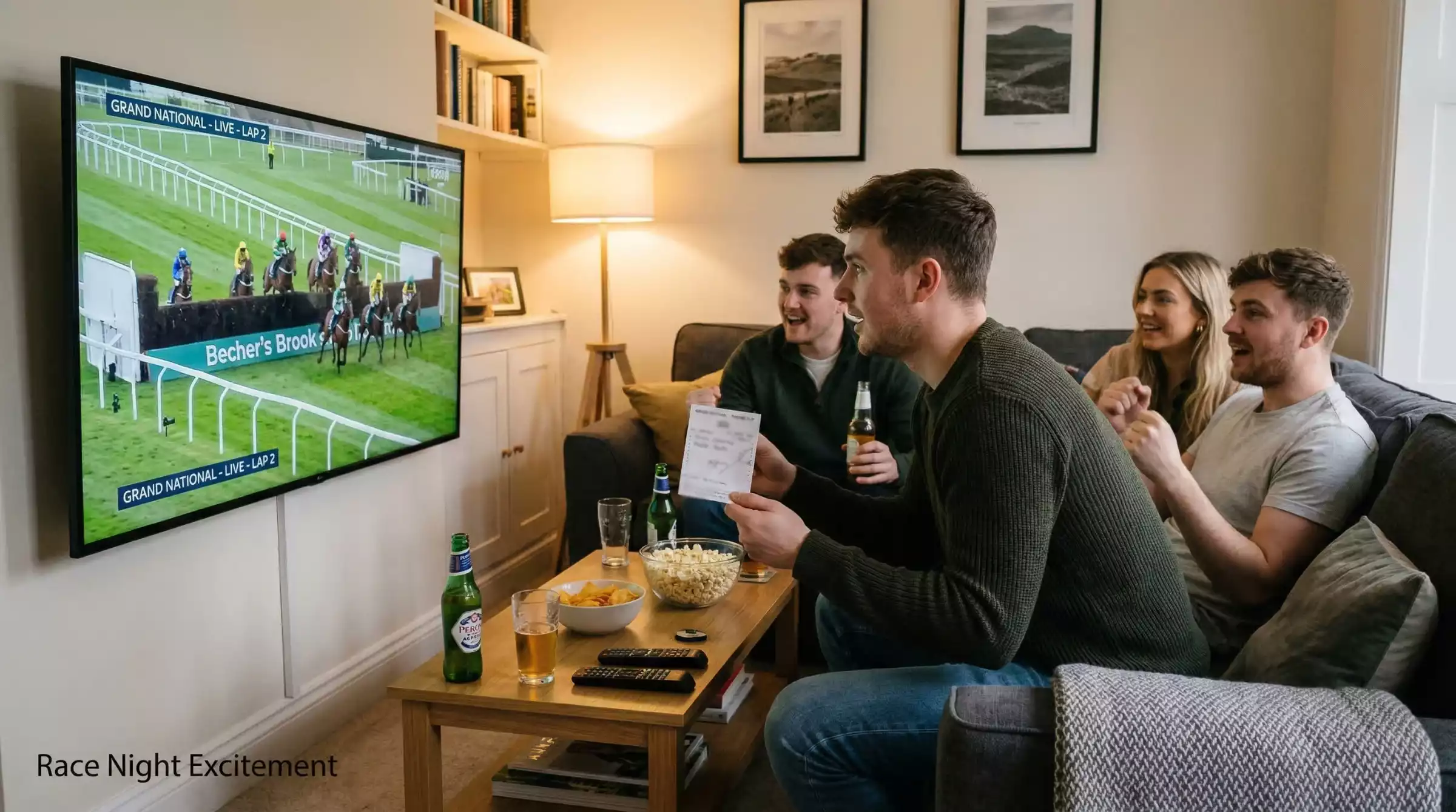 A first-time bettor excitedly watching the Grand National on television with a betting slip in hand
