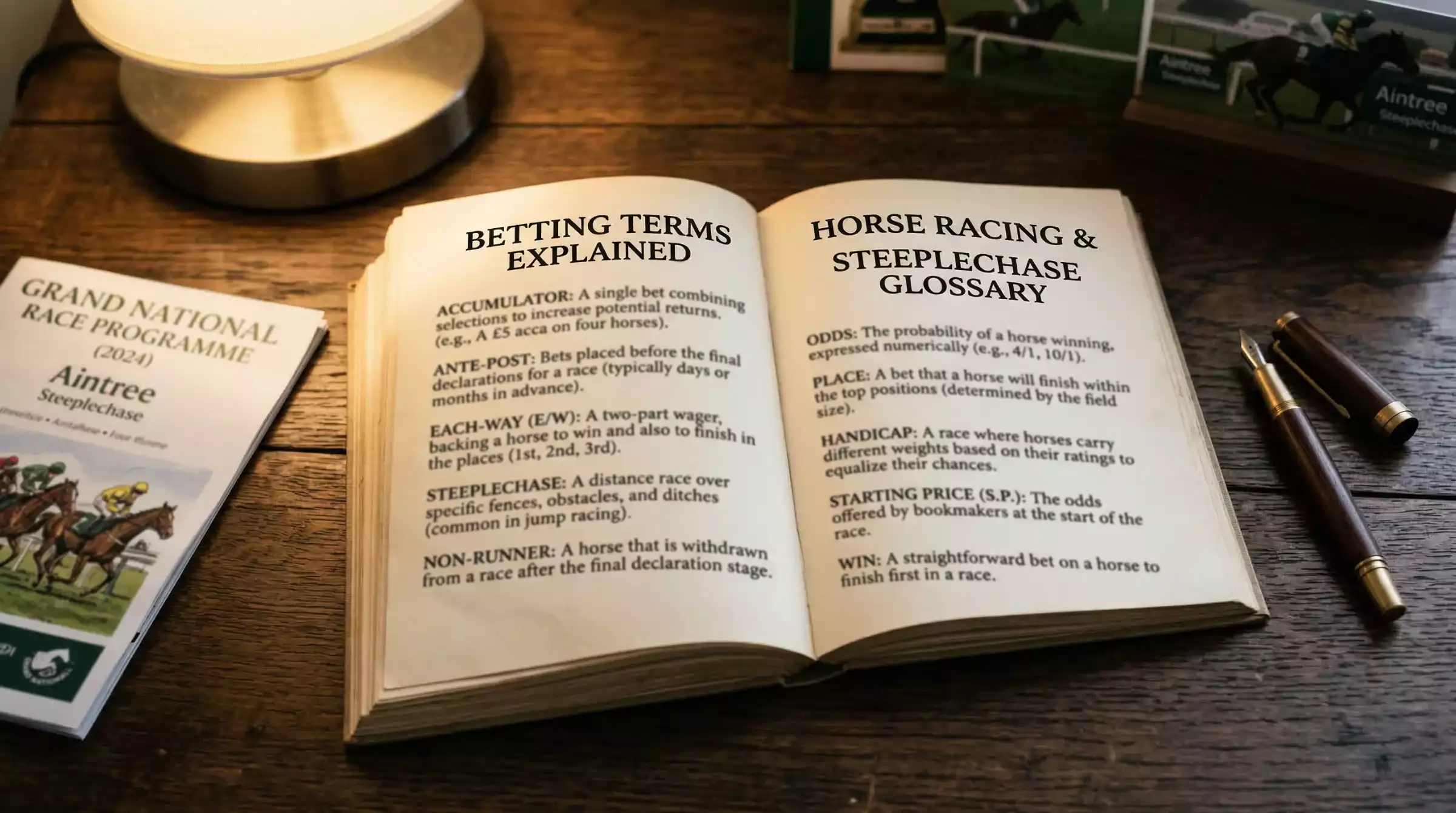 An open reference book of horse racing terms beside a racecourse programme and a pen
