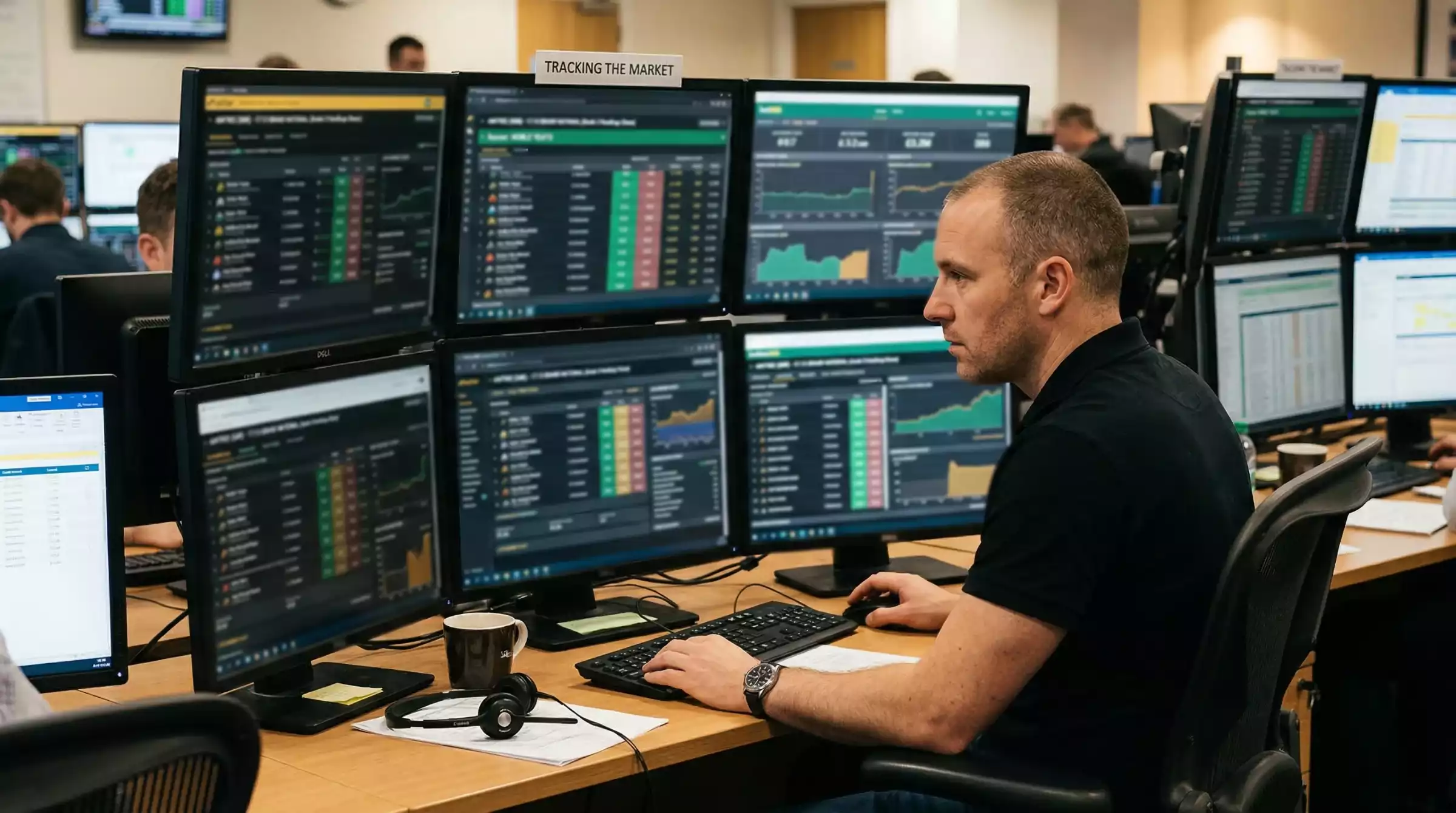 A busy trading floor-style scene in a bookmaker