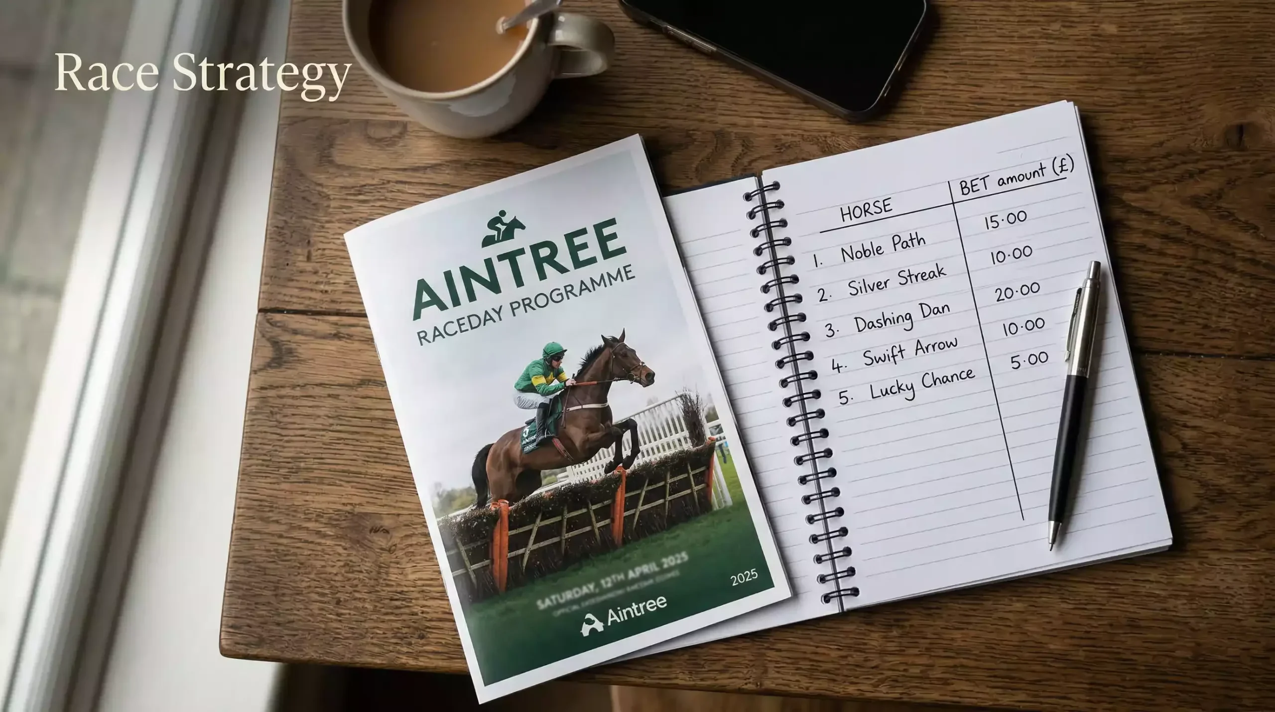 Grand National betting strategy with a staking plan notebook and pen on a raceday programme