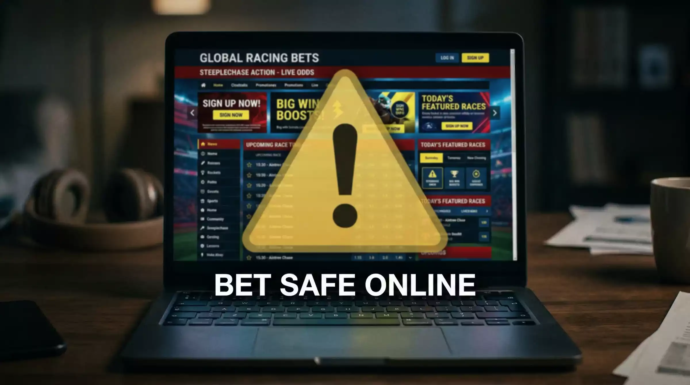 A warning symbol overlaid on a shadowy laptop screen showing an unlicensed betting website