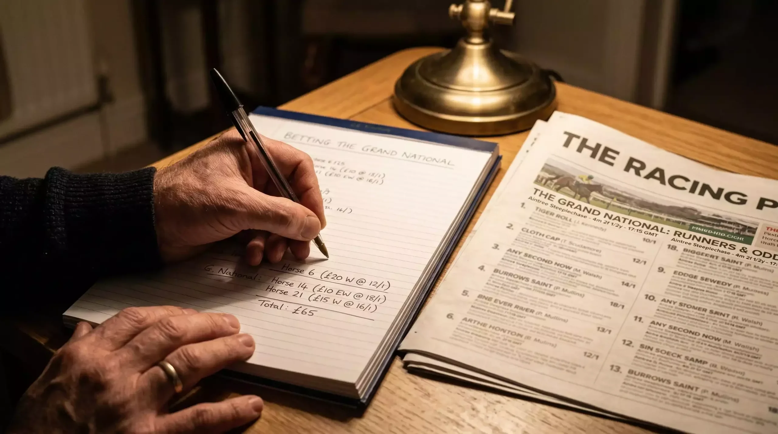 A person writing each-way bet calculations in a notebook with a pen beside a racing newspaper