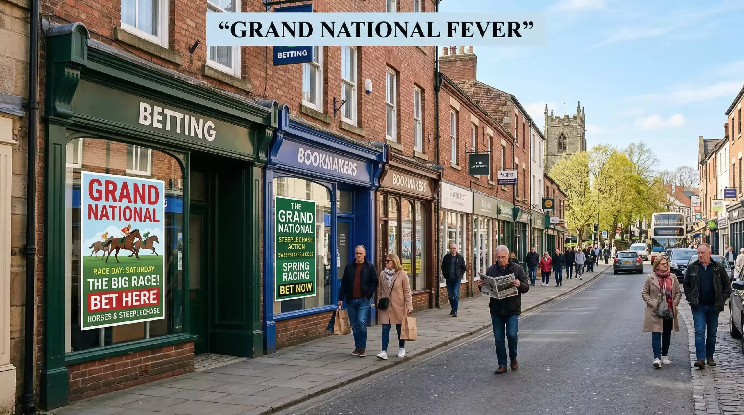 Row of bookmaker shopfronts on a British high street with Grand National promotions in the windows