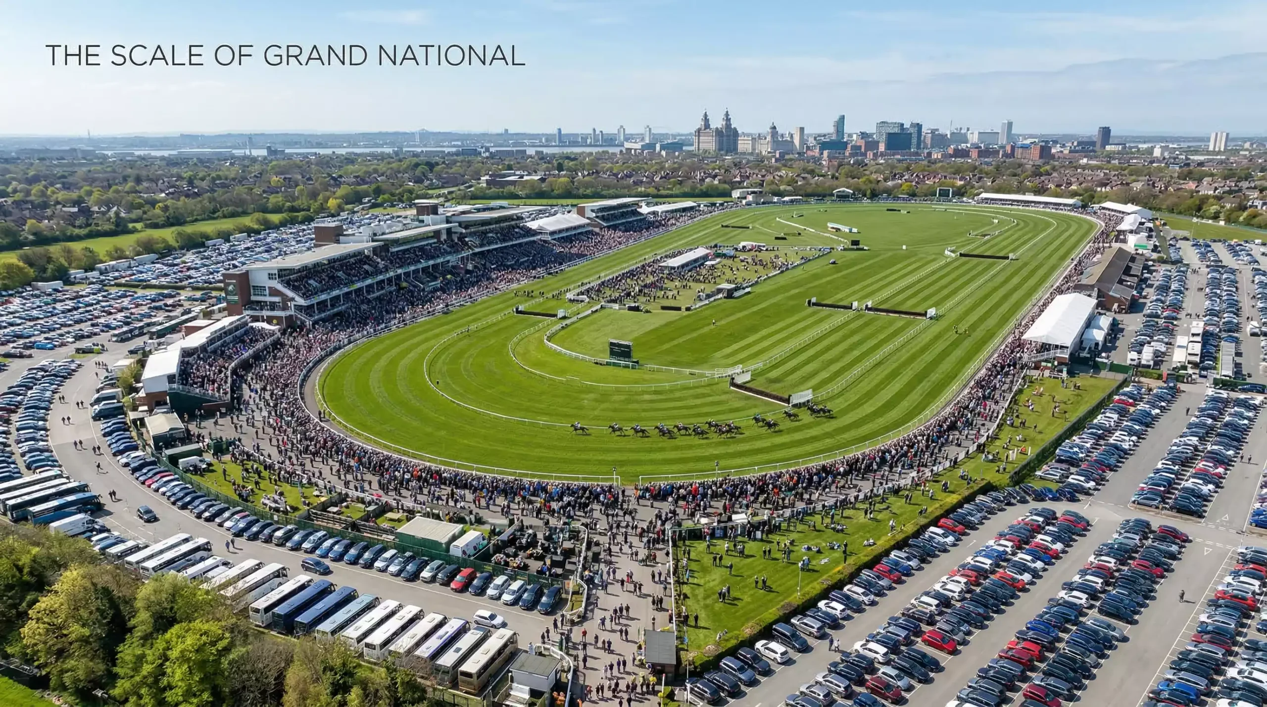 An aerial view of Aintree racecourse on Grand National day with the Liverpool skyline in the background