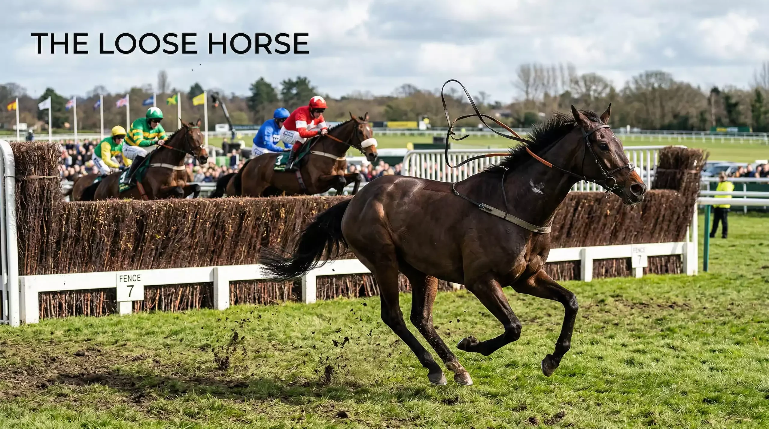 A loose horse running past a steeplechase fence after its jockey has been unseated