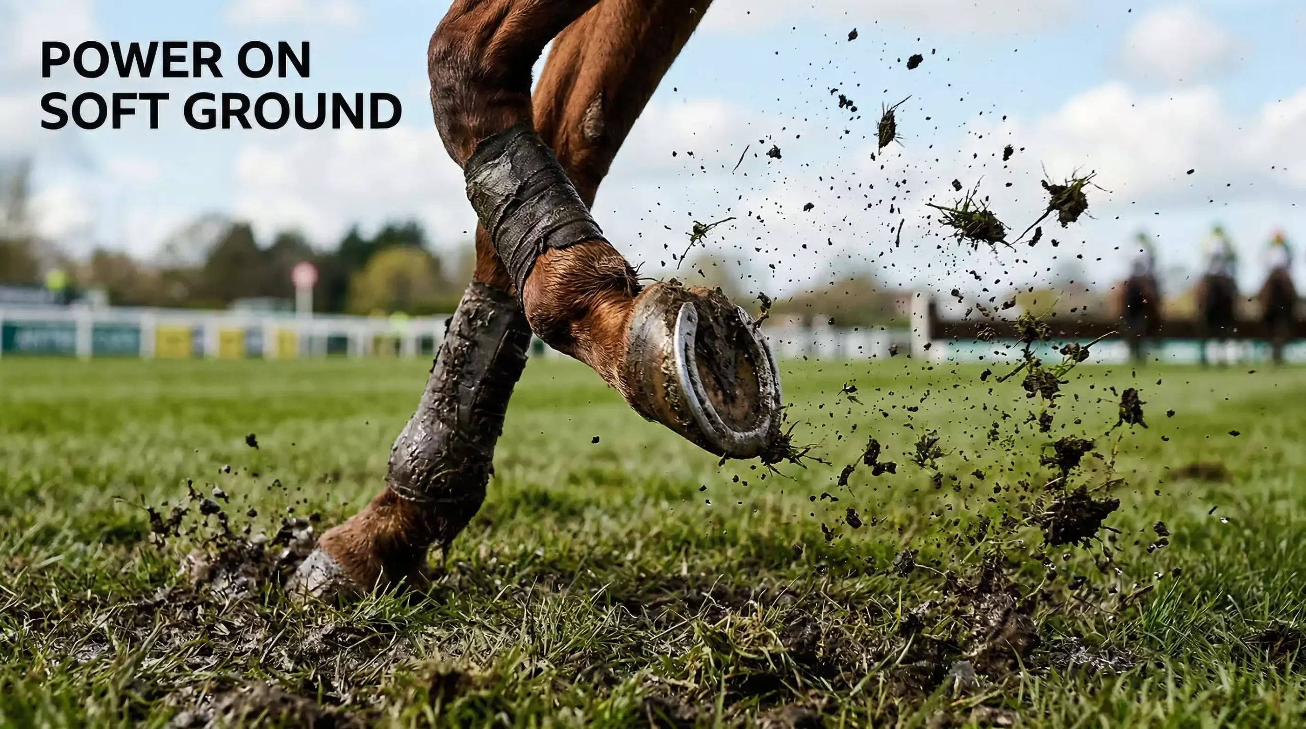 Close-up of horse hooves on soft ground at Aintree racecourse with turf kicked up
