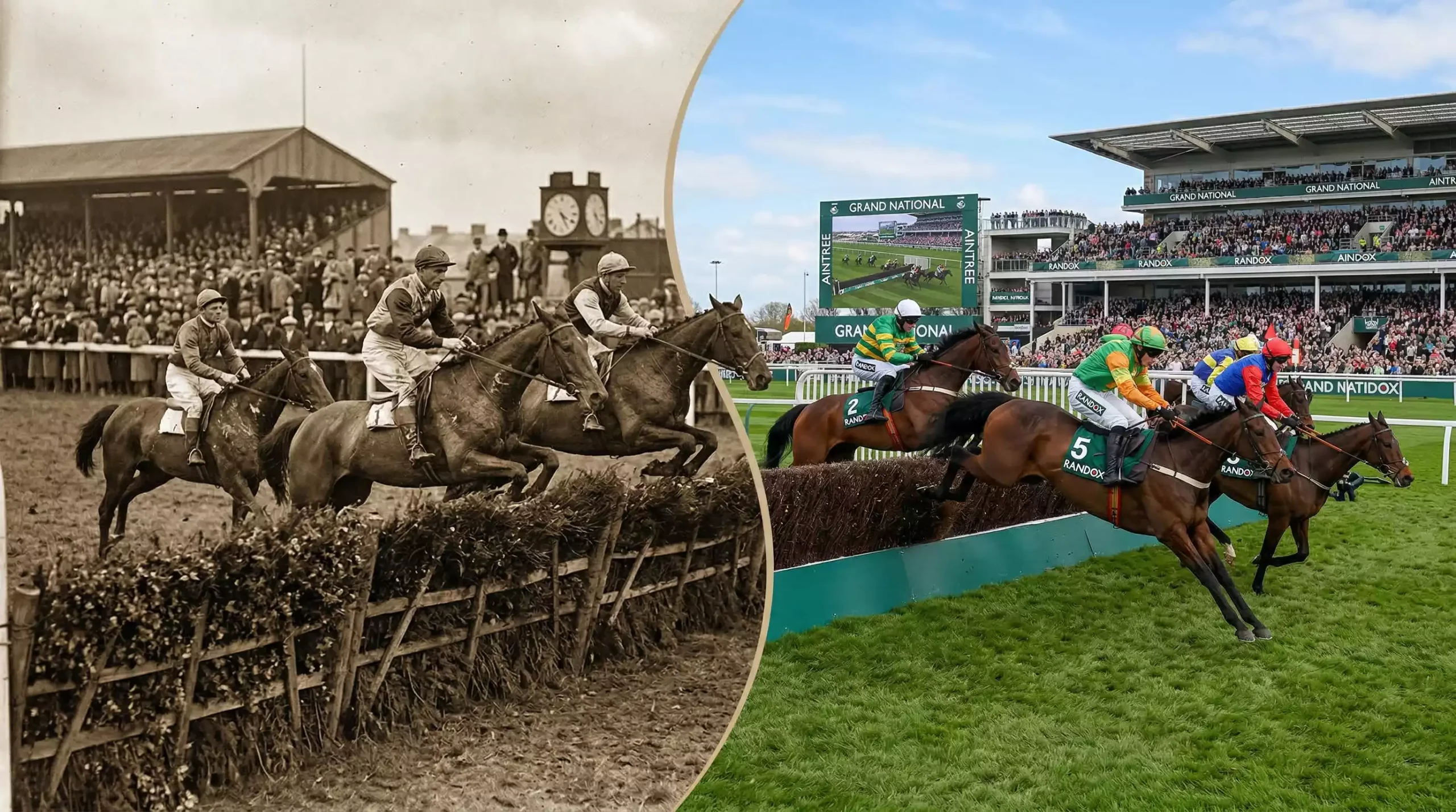 A historic black-and-white photograph of horses jumping at Aintree blended into a modern colour scene