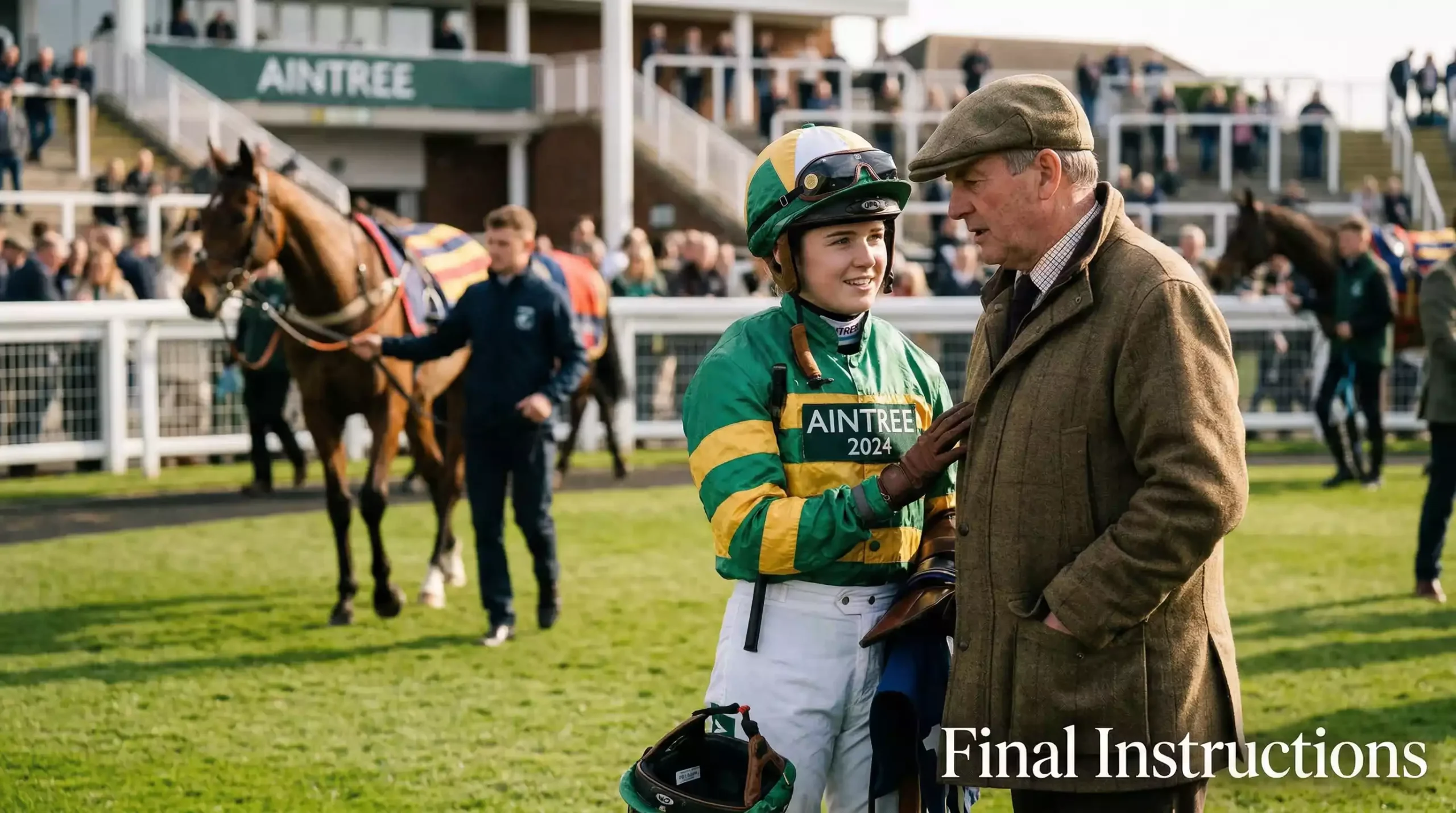 A jockey and trainer in conversation in the Aintree parade ring before the Grand National