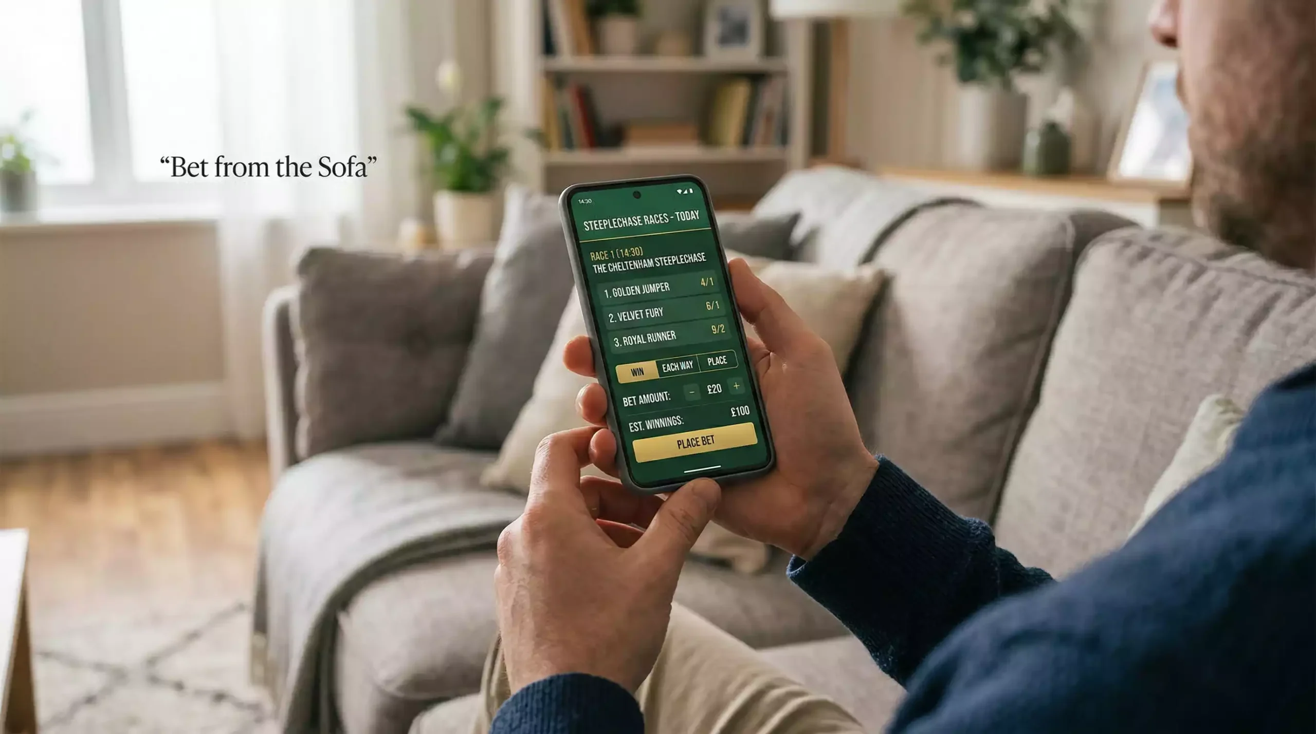 A person holding a smartphone showing a horse racing betting app while sitting on a sofa
