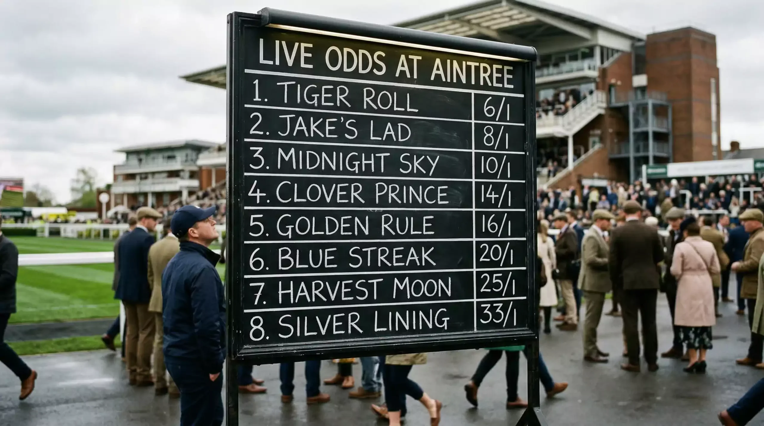 Grand National odds board at Aintree racecourse displaying fractional prices for runners