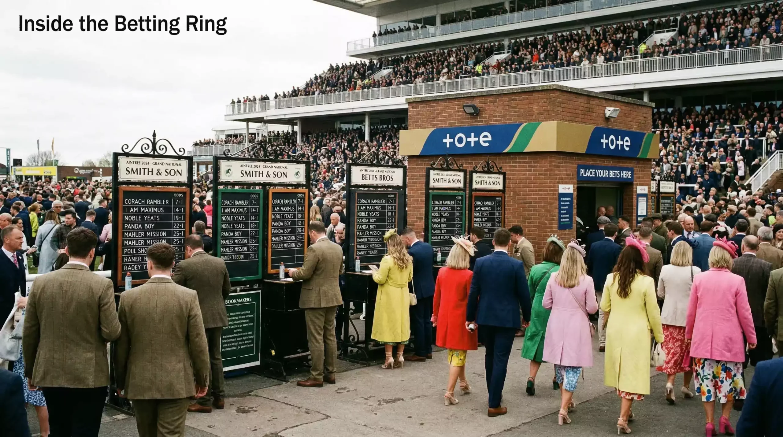 On-course betting at Aintree on Grand National day with Tote kiosks and bookmaker ring