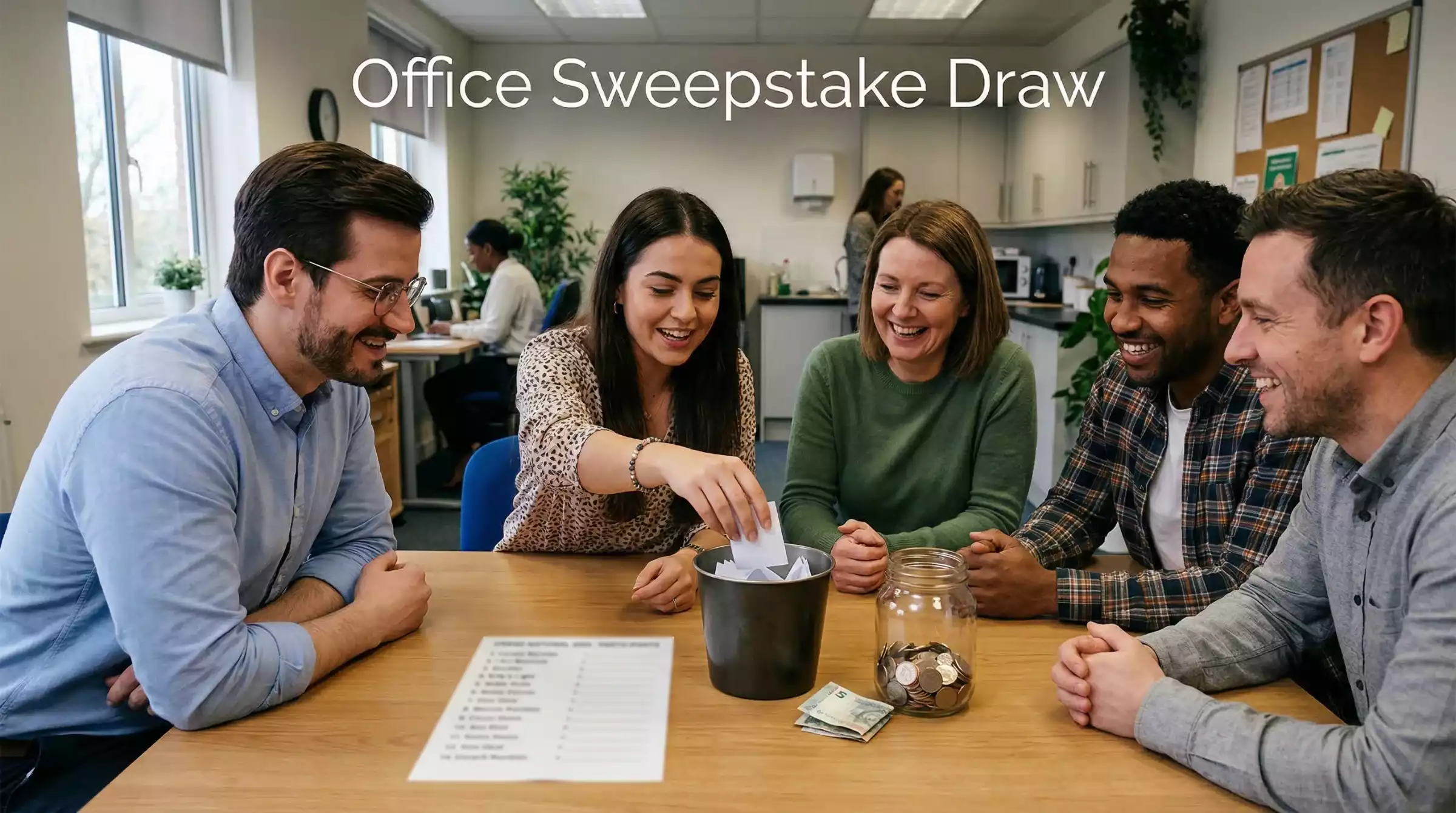 Colleagues gathered around an office table drawing horse names from a hat for a Grand National sweepstake
