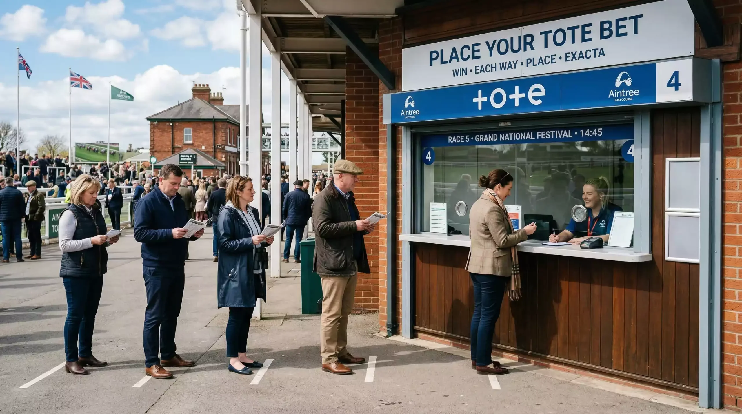 A Tote betting window at Aintree racecourse with customers queuing on Grand National day