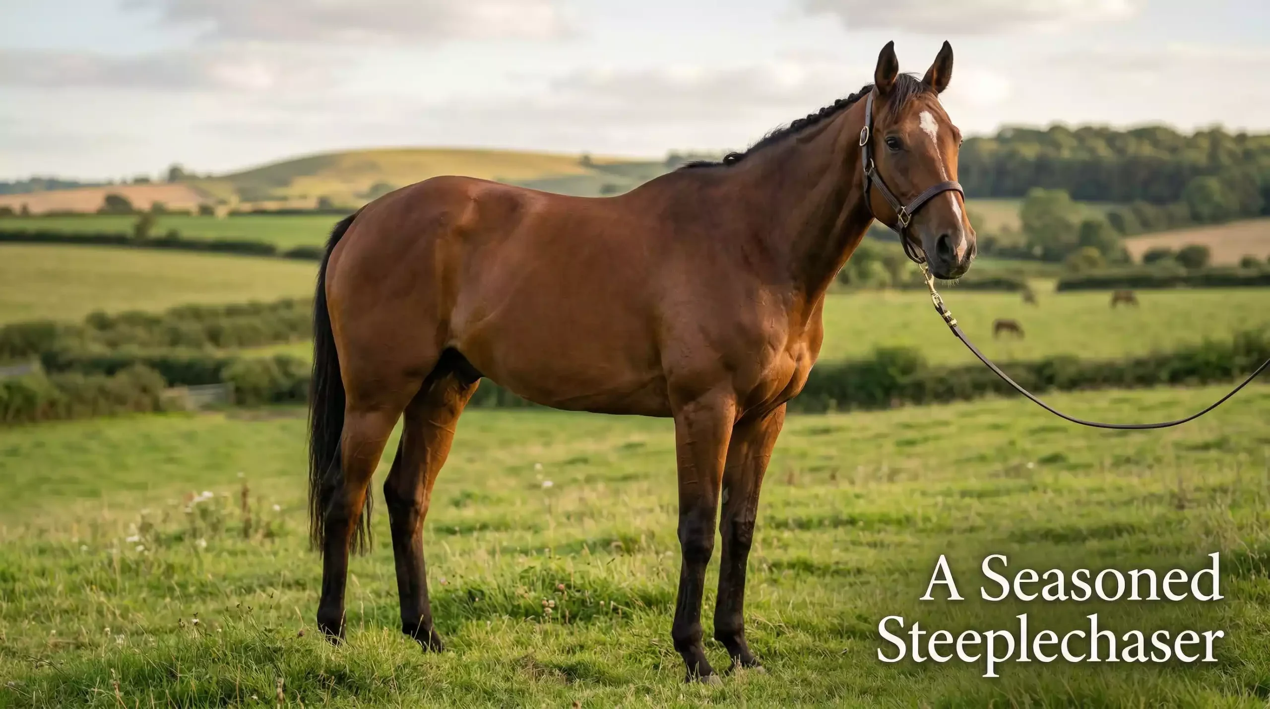 A mature bay racehorse standing in a paddock, representing the ideal Grand National age profile