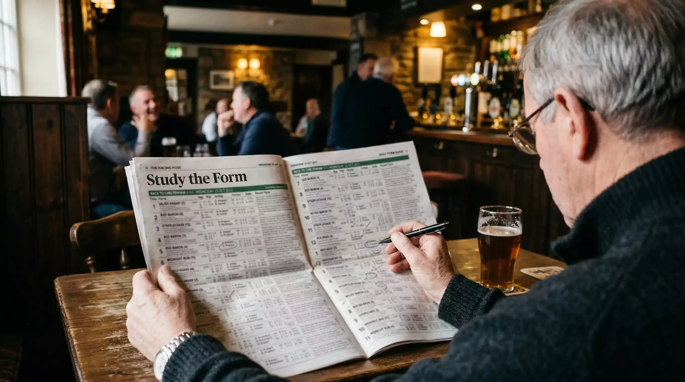 Punter studying a horse racing form guide and race card before the Grand National