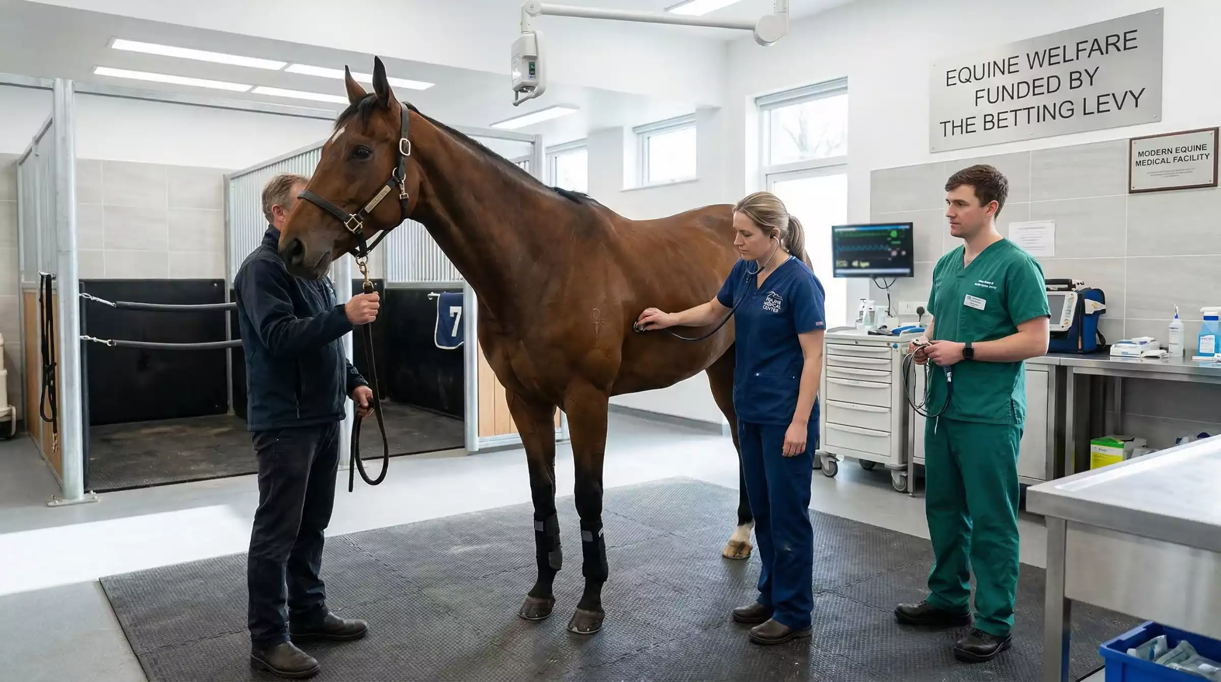 A racecourse veterinary team examining a horse in a modern equine facility funded by the betting levy