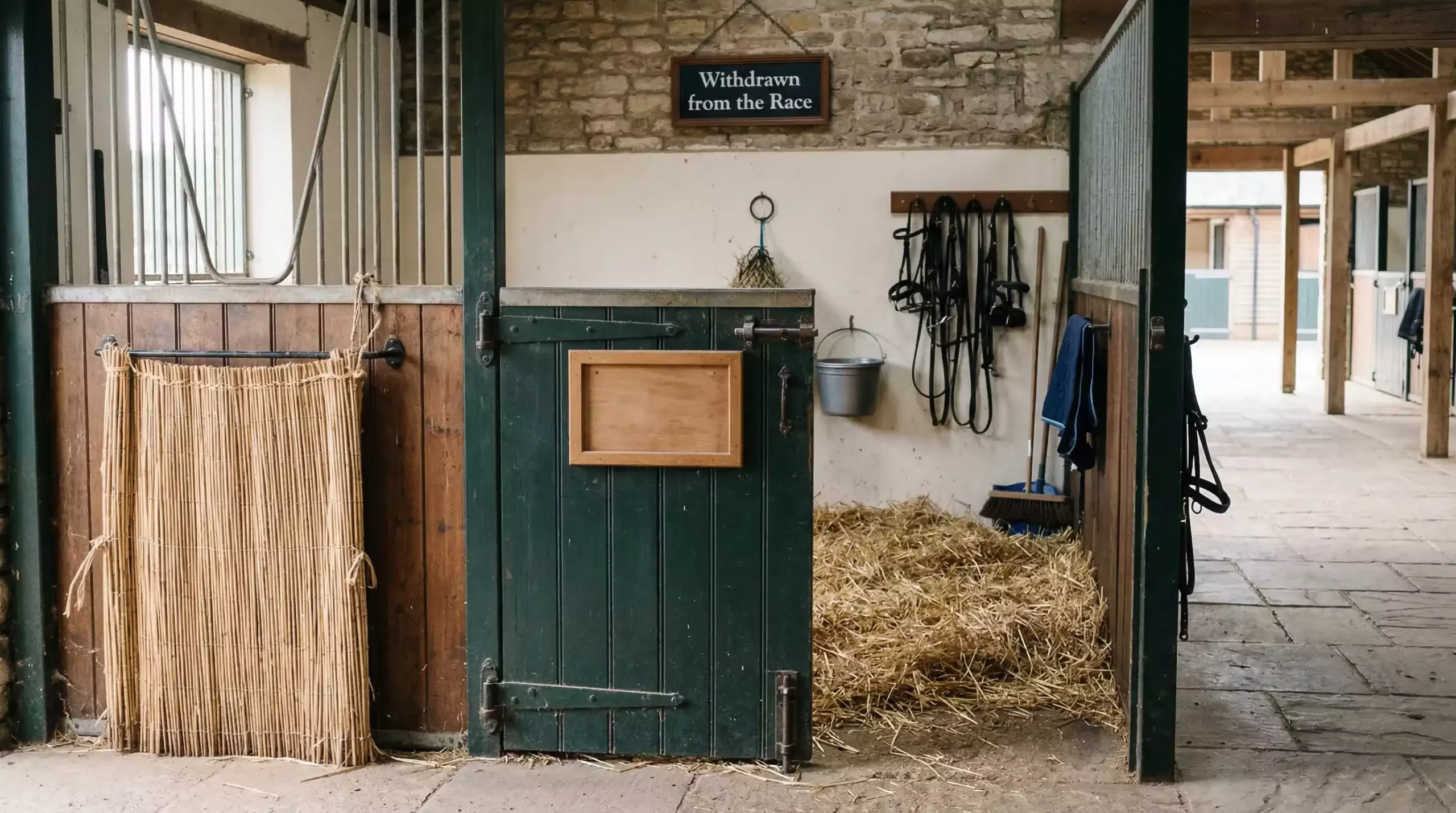 An empty horse stall at a racing yard with a name plate removed, symbolising a non-runner