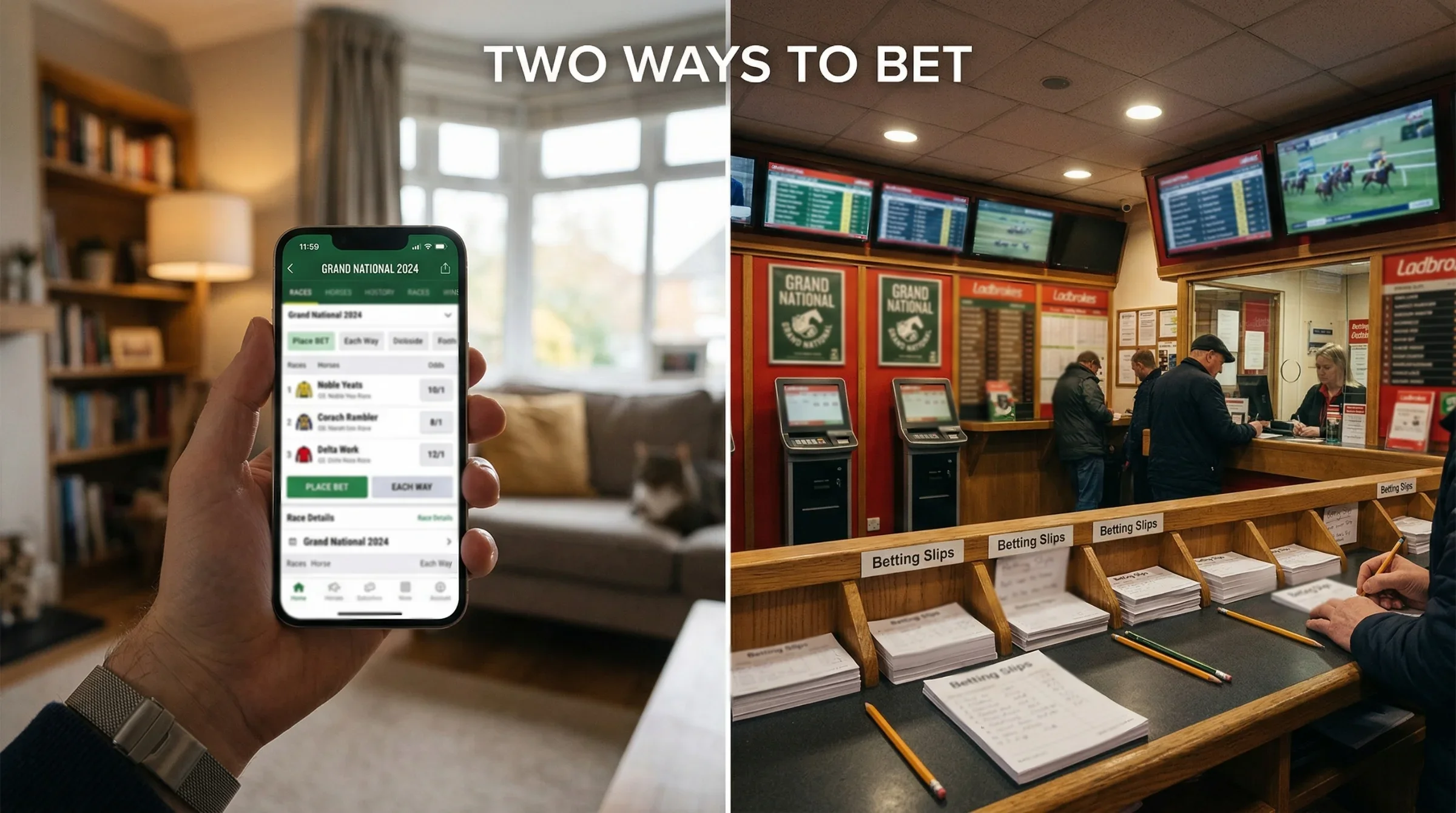 A split scene showing a smartphone with a betting app on one side and a traditional bookmaker shopfront on the other