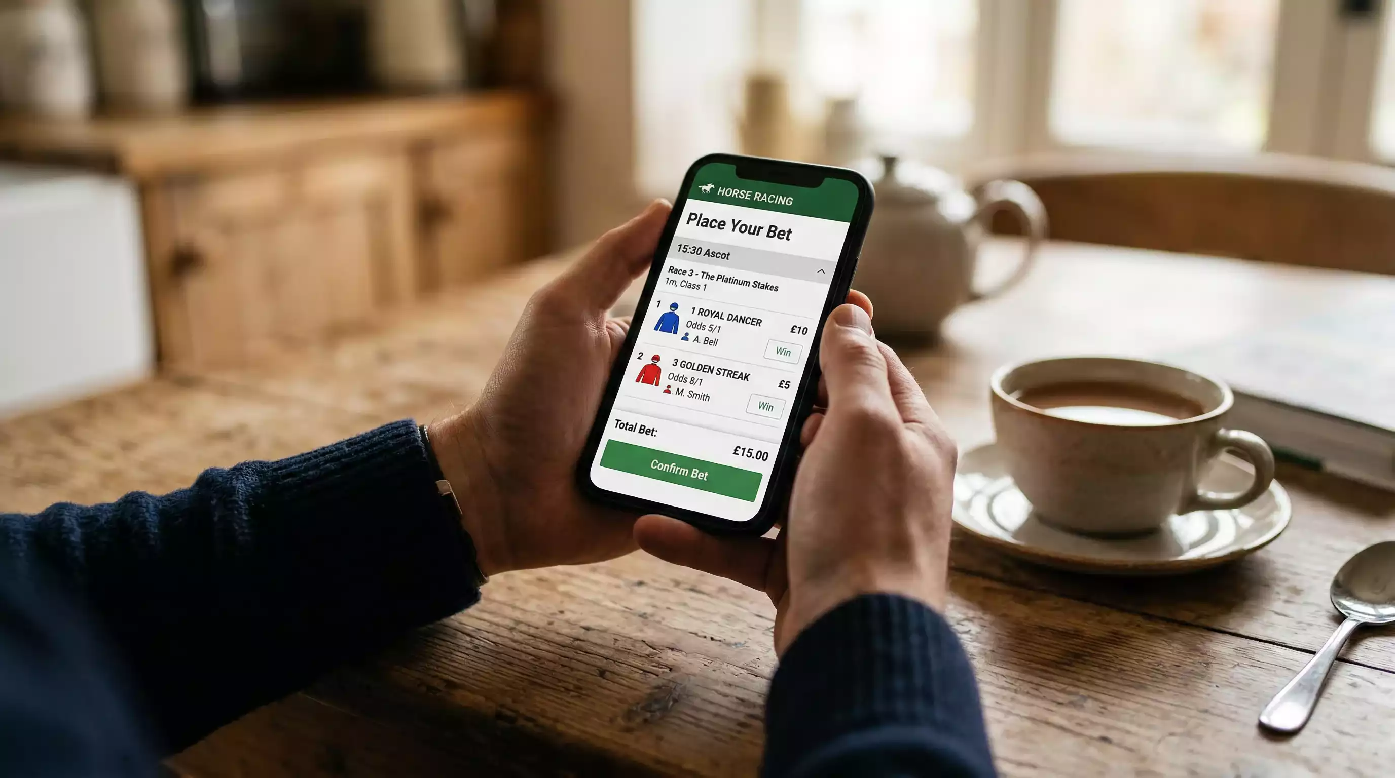 Person placing a Grand National bet on a mobile betting app at home