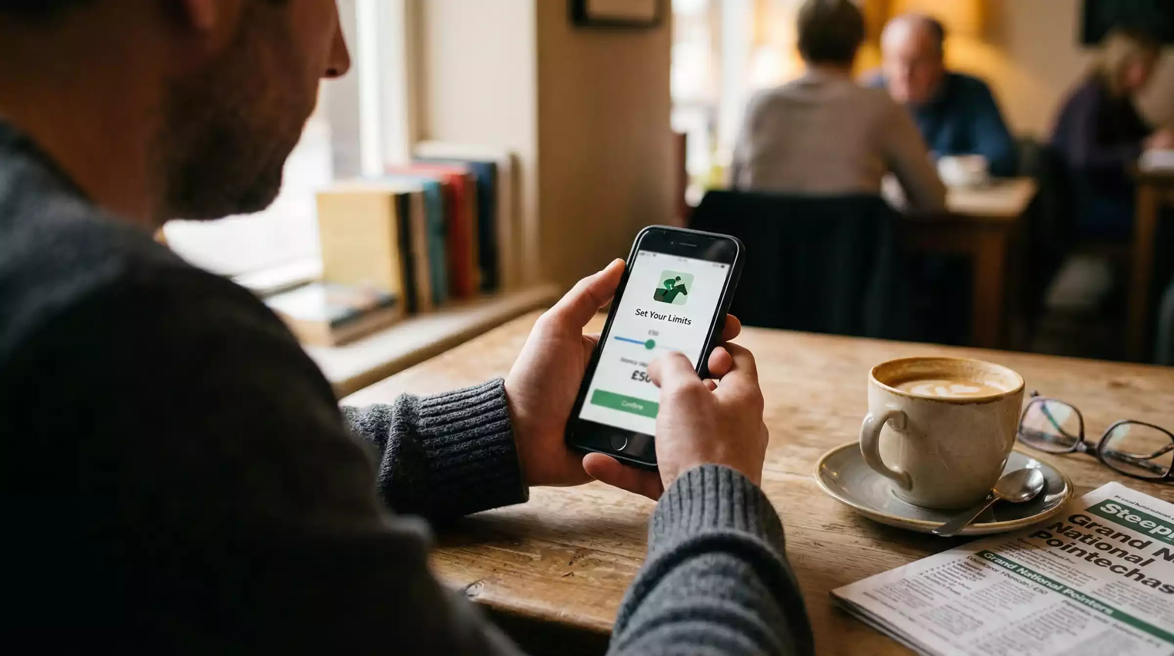 A person calmly setting a deposit limit on a betting app before placing a Grand National bet